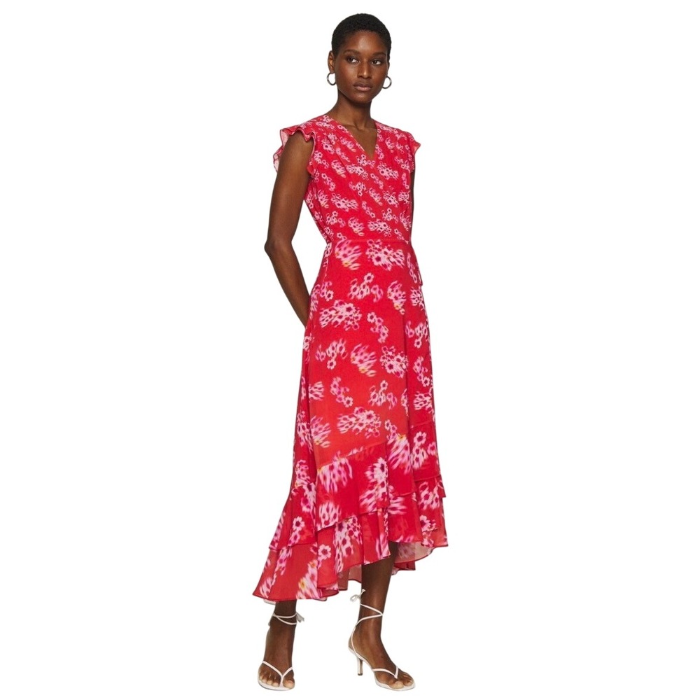 All Saints Dela Jasmine Red Floral Maxi Dress US 6 UK 10 Ruffle Tiered High-Low